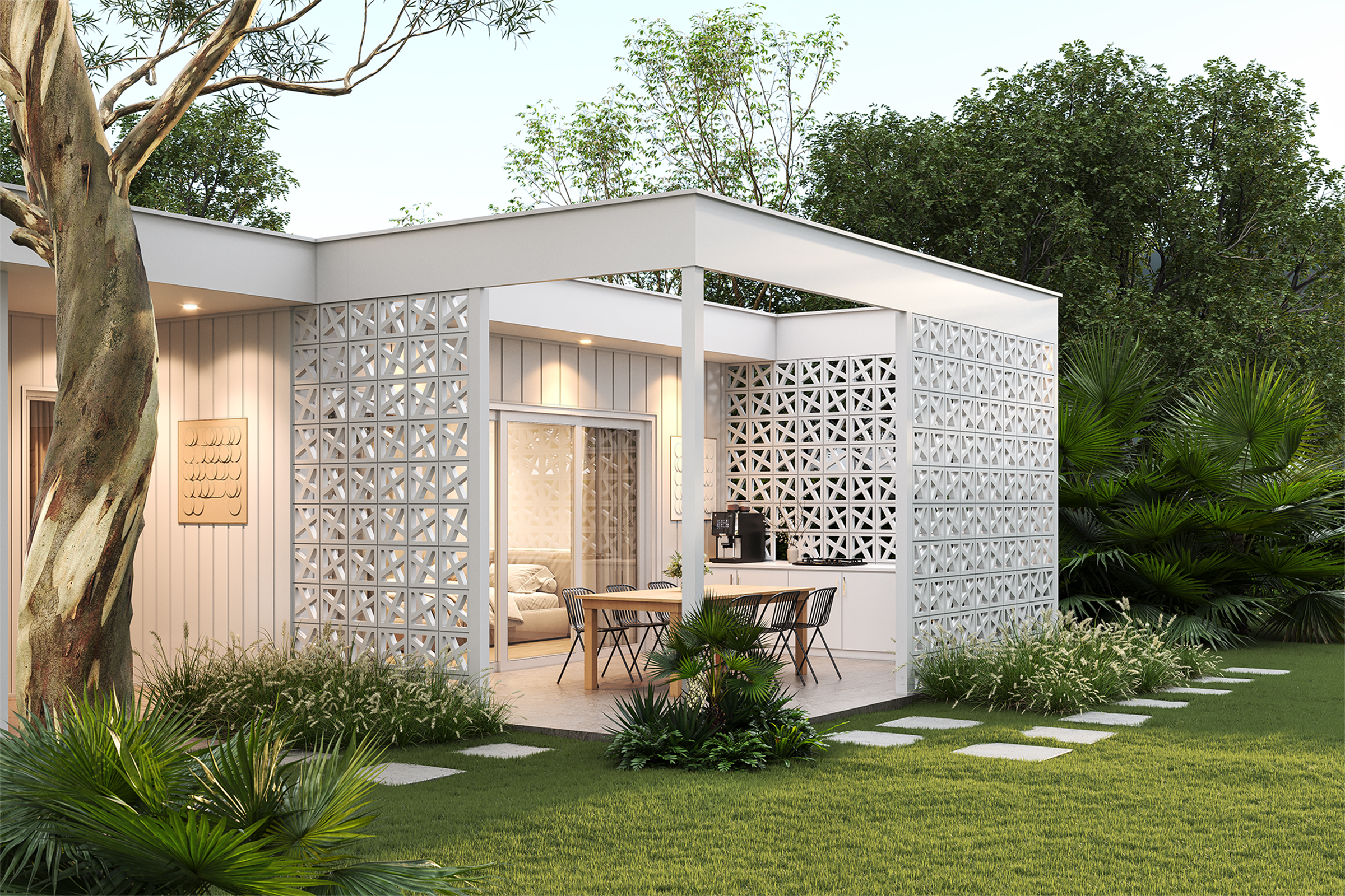 view of outdoor alfresco dining area with white breeze block walls in garden